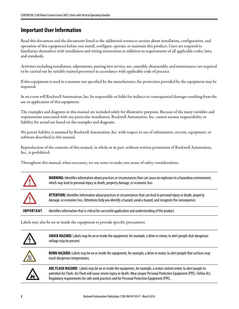 Important user information | Rockwell Automation 2100 CENTERLINE Motor Control Center (MCC) Units with Vertical Operating Handles User Manual | Page 2 / 16