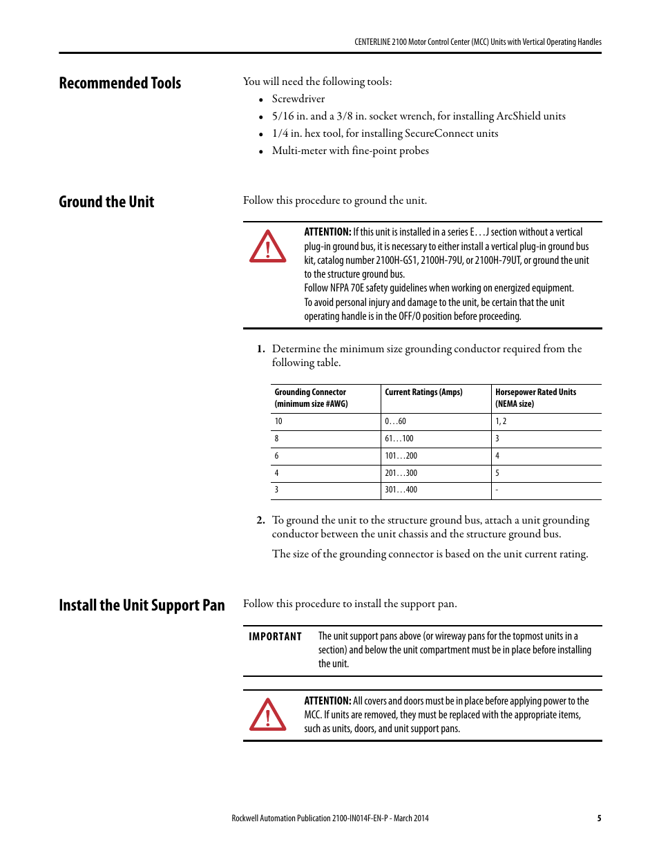Recommended tools, Ground the unit, Install the unit support pan | Rockwell Automation 2100 CENTERLINE Motor Control Center (MCC) Units with Vertical Operating Handles User Manual | Page 5 / 16