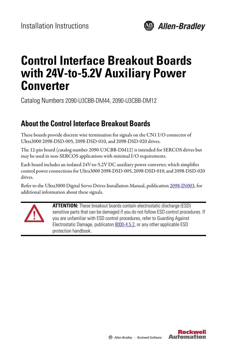 Rockwell Automation 2090-U3CBB-DM12 CN1 Control Interface with Integral 24V-to-5V Power Installation Instructions User Manual | 4 pages