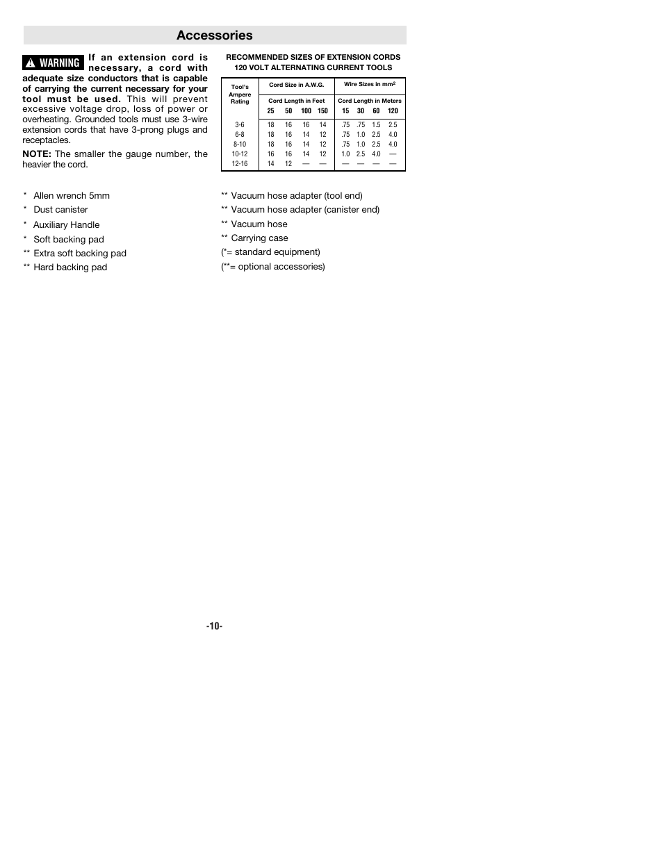 Accessories, Warning | Bosch 3725DEVS User Manual | Page 10 / 32