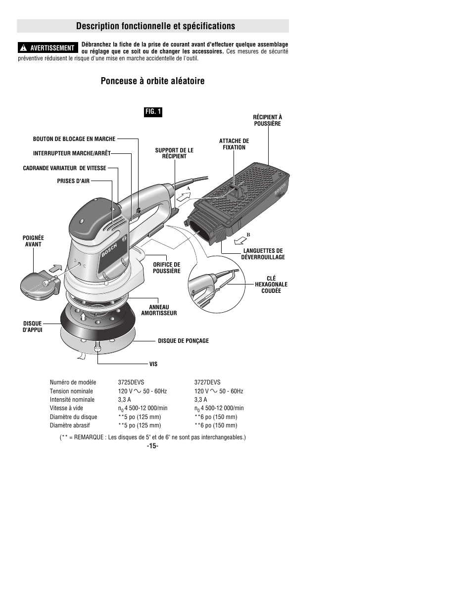 Description fonctionnelle et spécifications, Ponceuse à orbite aléatoire | Bosch 3725DEVS User Manual | Page 15 / 32