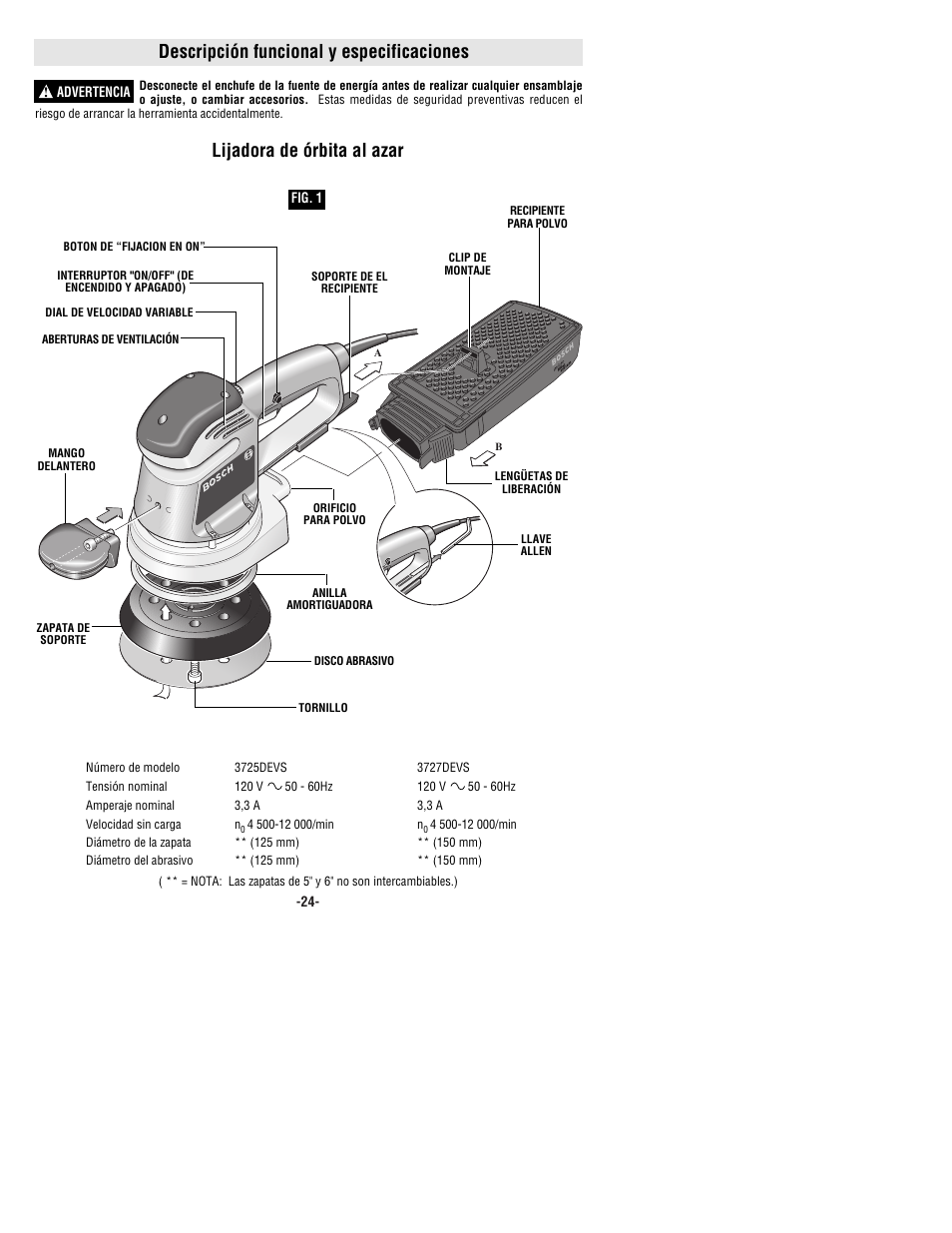 Descripción funcional y especificaciones, Lijadora de órbita al azar | Bosch 3725DEVS User Manual | Page 24 / 32