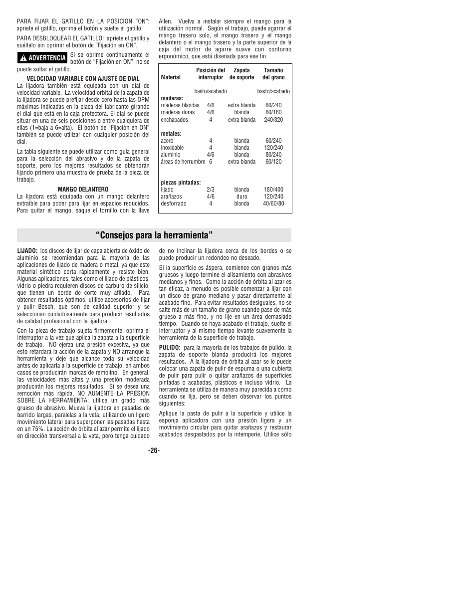 Consejos para la herramienta | Bosch 3725DEVS User Manual | Page 26 / 32