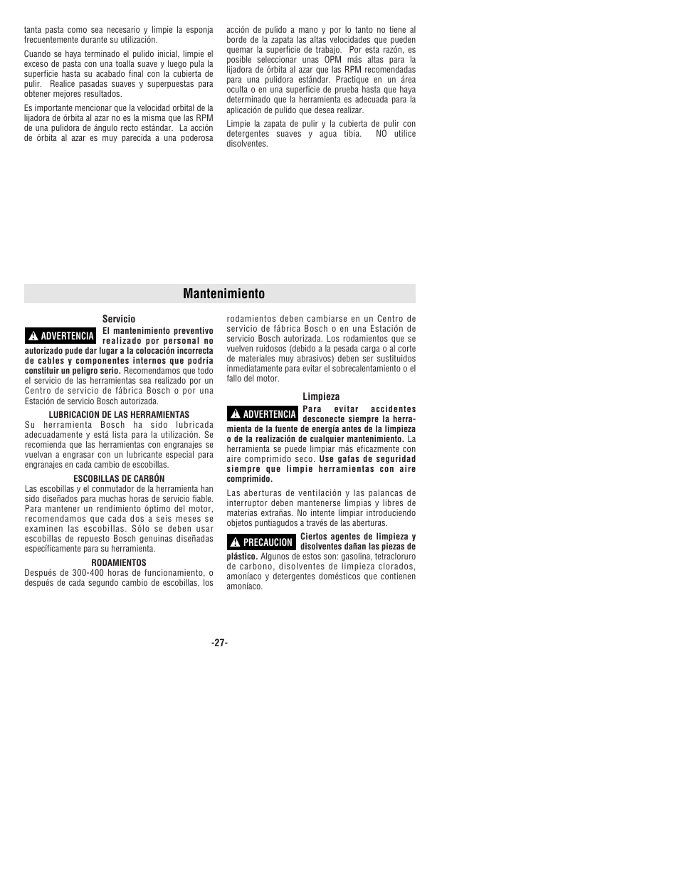 Mantenimiento | Bosch 3725DEVS User Manual | Page 27 / 32