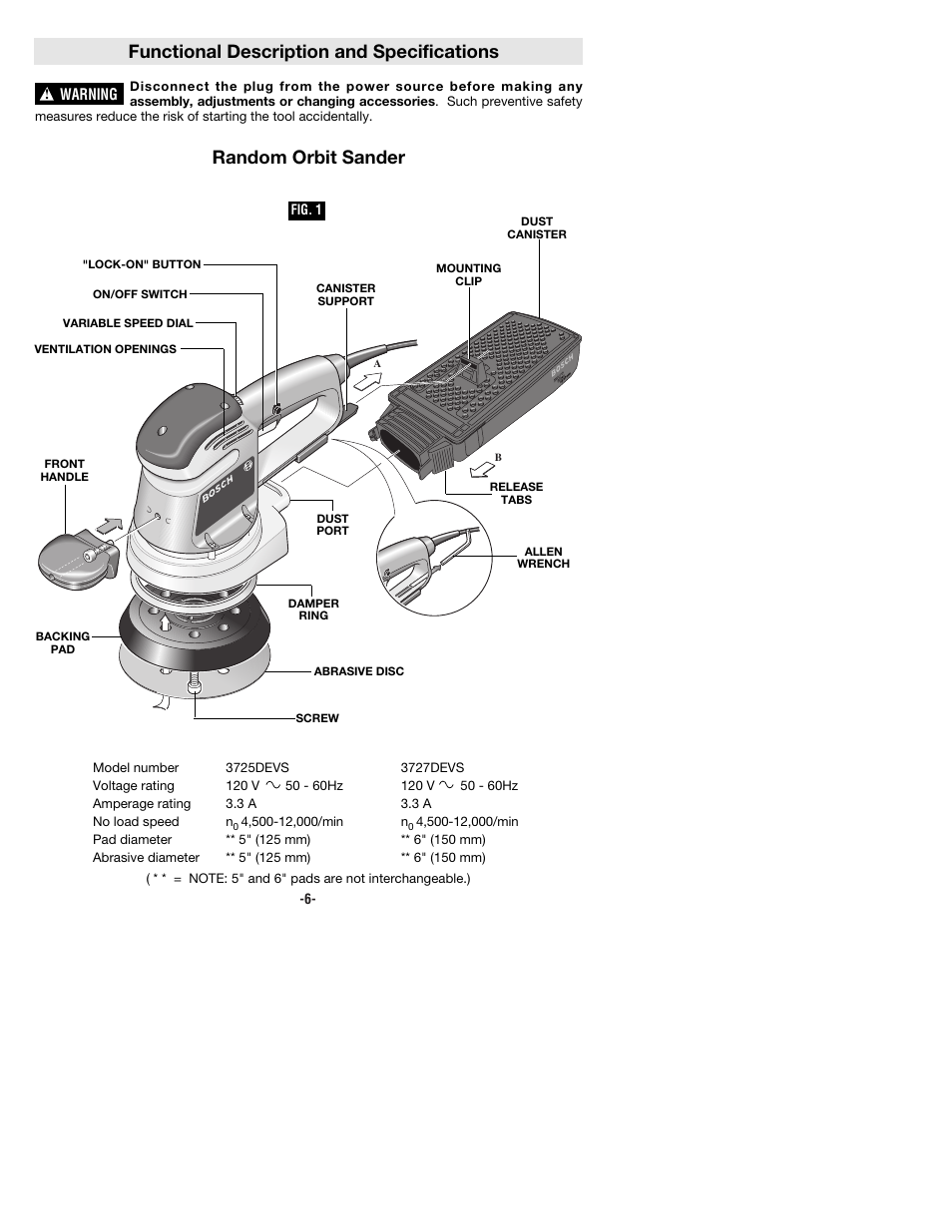 Functional description and specifications, Random orbit sander | Bosch 3725DEVS User Manual | Page 6 / 32