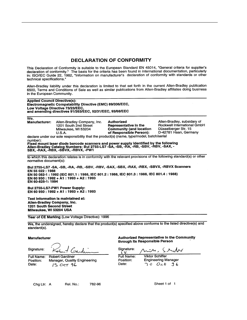 Declaration of conformity | Rockwell Automation 2755 AtomScan Bar Code Reader User Manual | Page 135 / 141