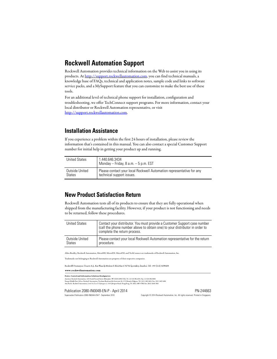 Rockwell automation support, Installation assistance, New product satisfaction return | Rockwell Automation 2080-LC30-24QWB_24QVB_24QBB Micro830 24 Point Programmable Controllers User Manual | Page 20 / 20