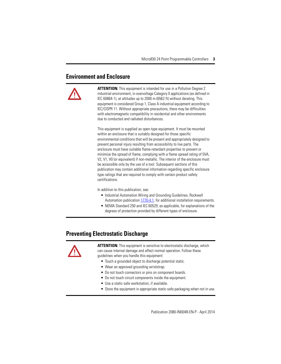 Environment and enclosure, Preventing electrostatic discharge | Rockwell Automation 2080-LC30-24QWB_24QVB_24QBB Micro830 24 Point Programmable Controllers User Manual | Page 3 / 20