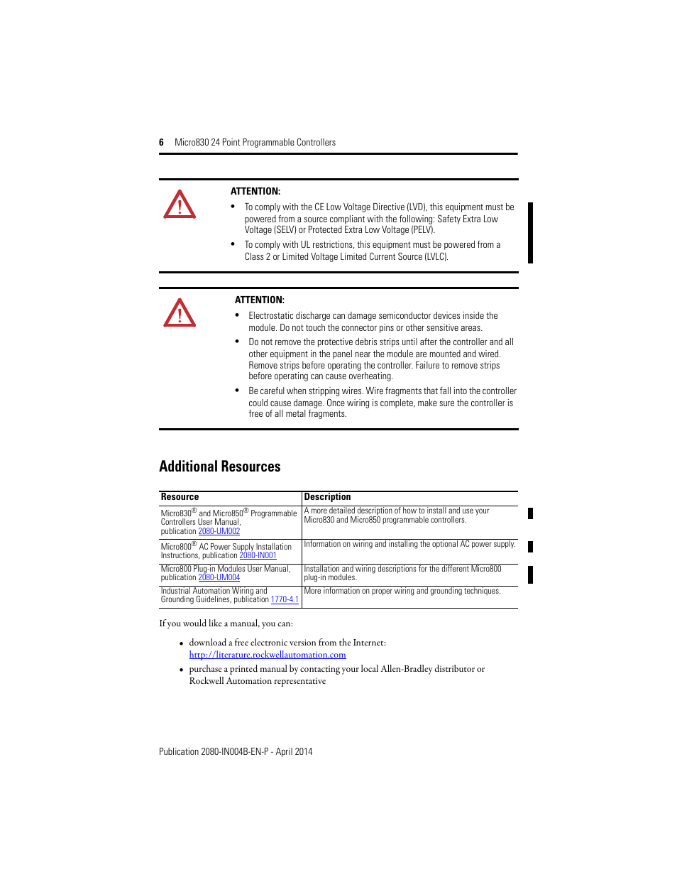 Additional resources | Rockwell Automation 2080-LC30-24QWB_24QVB_24QBB Micro830 24 Point Programmable Controllers User Manual | Page 6 / 20