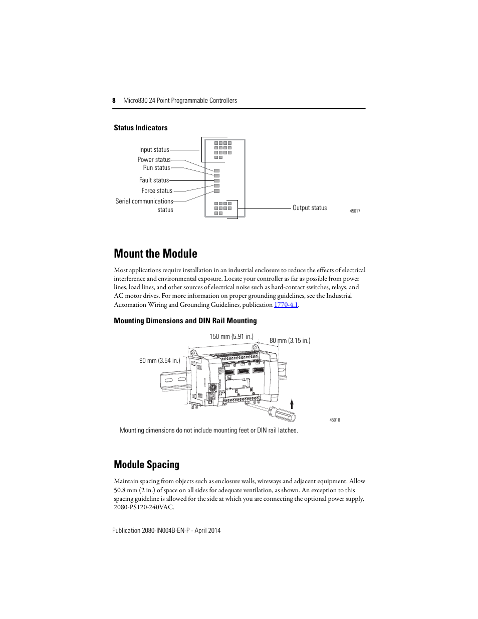 Mount the module, Module spacing, Status indicators | Rockwell Automation 2080-LC30-24QWB_24QVB_24QBB Micro830 24 Point Programmable Controllers User Manual | Page 8 / 20