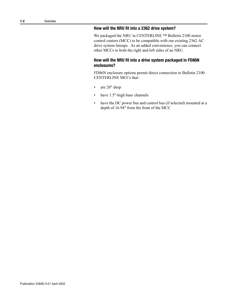 How will the nru fit into a 2362 drive system, Fd86n enclosures? -2 | Rockwell Automation 2364E Non-Regenerative DC Bus Supply Unit (NRU) User Manual | Page 16 / 93