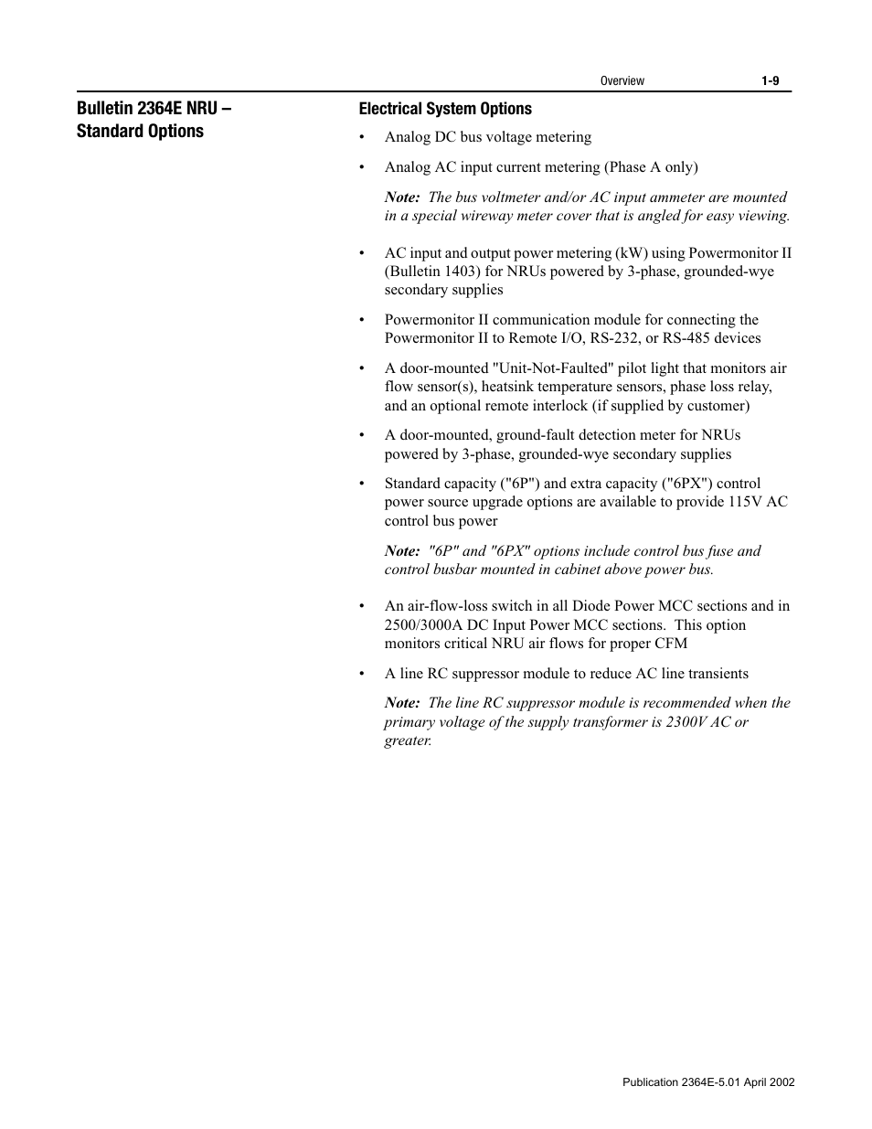 Bulletin 2364e nru – standard options, Electrical system options, Bulletin 2364e nru – standard options -9 | Electrical system options -9 | Rockwell Automation 2364E Non-Regenerative DC Bus Supply Unit (NRU) User Manual | Page 23 / 93