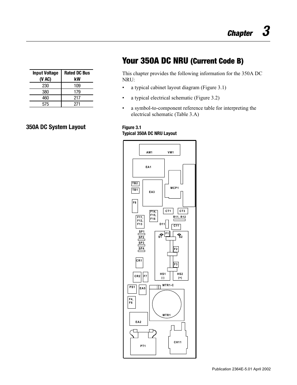 Chapter 3, Your 350a dc nru (current code b), 350a dc system layout | Figure 3.1, 350a dc system layout -1, Your 350a dc nru, Chapter, Current code b) | Rockwell Automation 2364E Non-Regenerative DC Bus Supply Unit (NRU) User Manual | Page 29 / 93