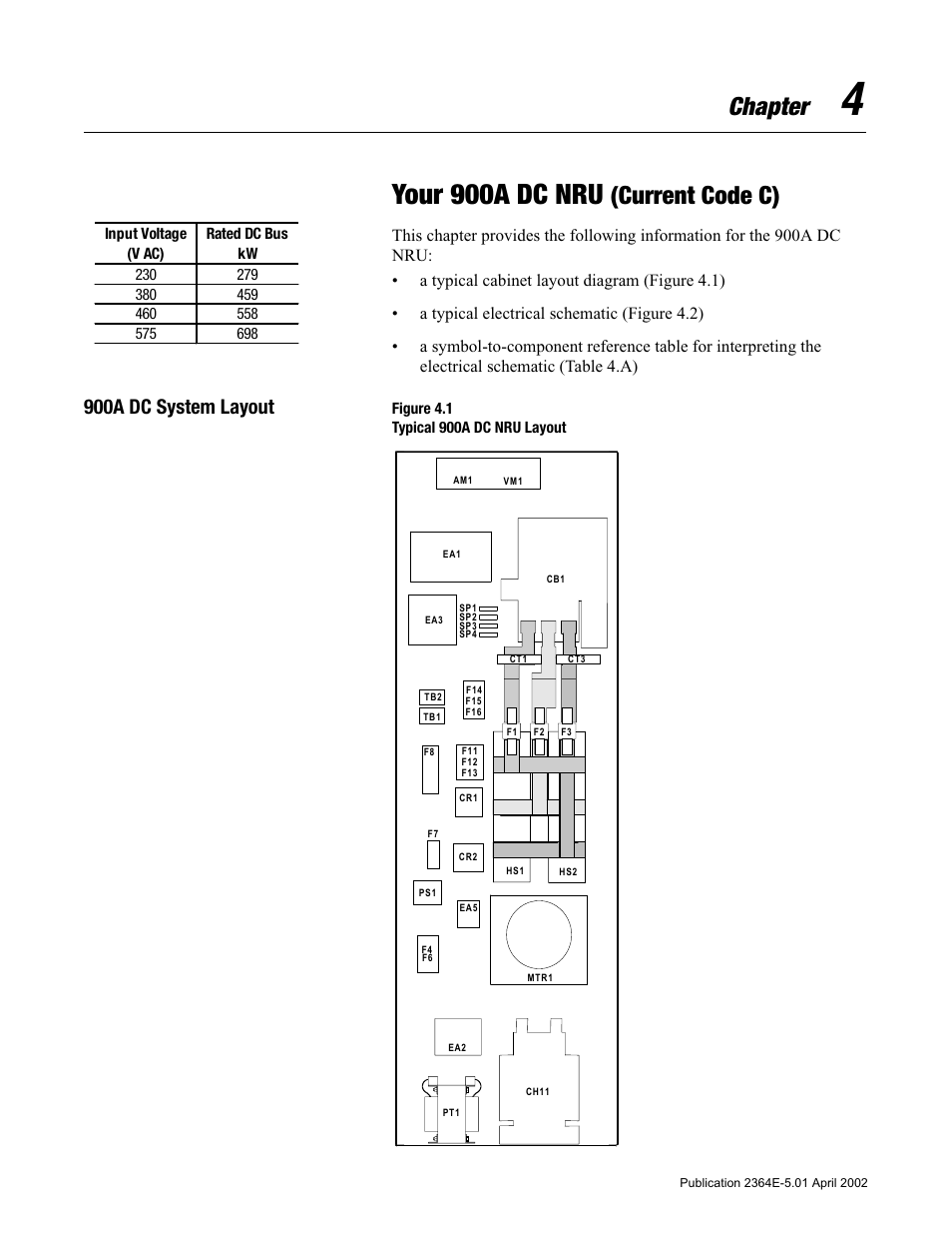 Chapter 4, Your 900a dc nru (current code c), 900a dc system layout | Figure 4.1, 900a dc system layout -1, Your 900a dc nru, Chapter, Current code c) | Rockwell Automation 2364E Non-Regenerative DC Bus Supply Unit (NRU) User Manual | Page 33 / 93