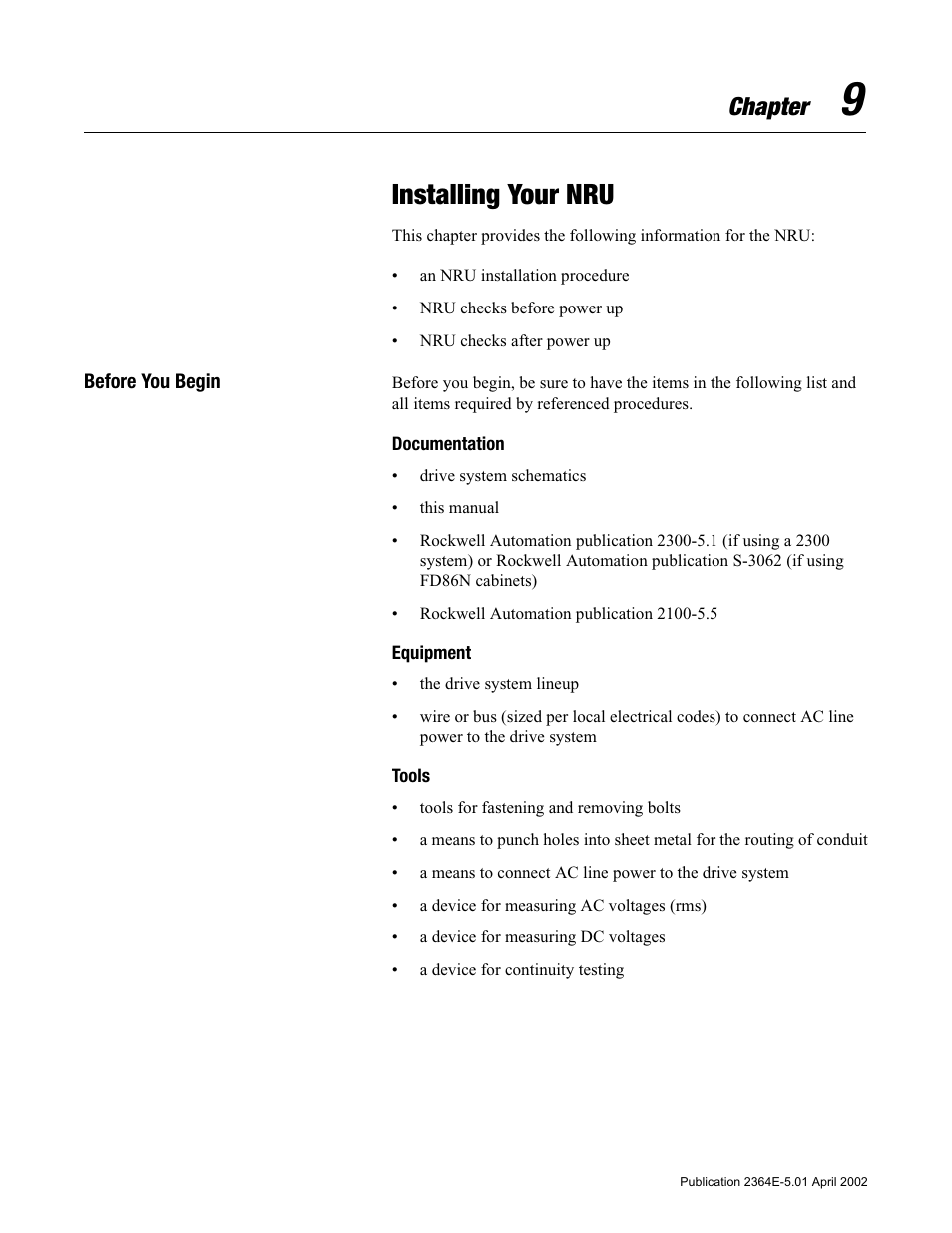 Chapter 9, Installing your nru, Before you begin | Documentation, Equipment, Tools, Before you begin -1, Documentation -1 equipment -1 tools -1, Chapter | Rockwell Automation 2364E Non-Regenerative DC Bus Supply Unit (NRU) User Manual | Page 53 / 93