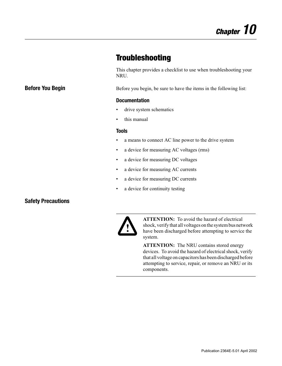 Chapter 10, Troubleshooting, Before you begin | Documentation, Tools, Safety precautions, Before you begin -1, Documentation -1 tools -1, Safety precautions -1, Chapter | Rockwell Automation 2364E Non-Regenerative DC Bus Supply Unit (NRU) User Manual | Page 61 / 93