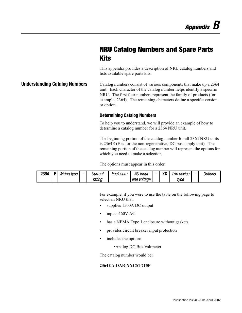 Appendix b, Nru catalog numbers and spare parts kits, Appendix | Rockwell Automation 2364E Non-Regenerative DC Bus Supply Unit (NRU) User Manual | Page 71 / 93