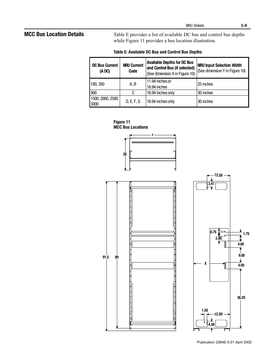 Mcc bus location details, Table e: available dc bus and control bus depths, Figure 11 | Rockwell Automation 2364E Non-Regenerative DC Bus Supply Unit (NRU) User Manual | Page 89 / 93