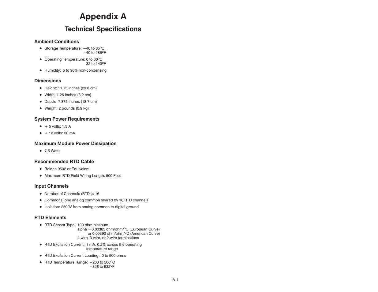 A technical specifications, Appendix a, Technical specifications | Rockwell Automation 61C544A RTD Module User Manual | Page 47 / 64