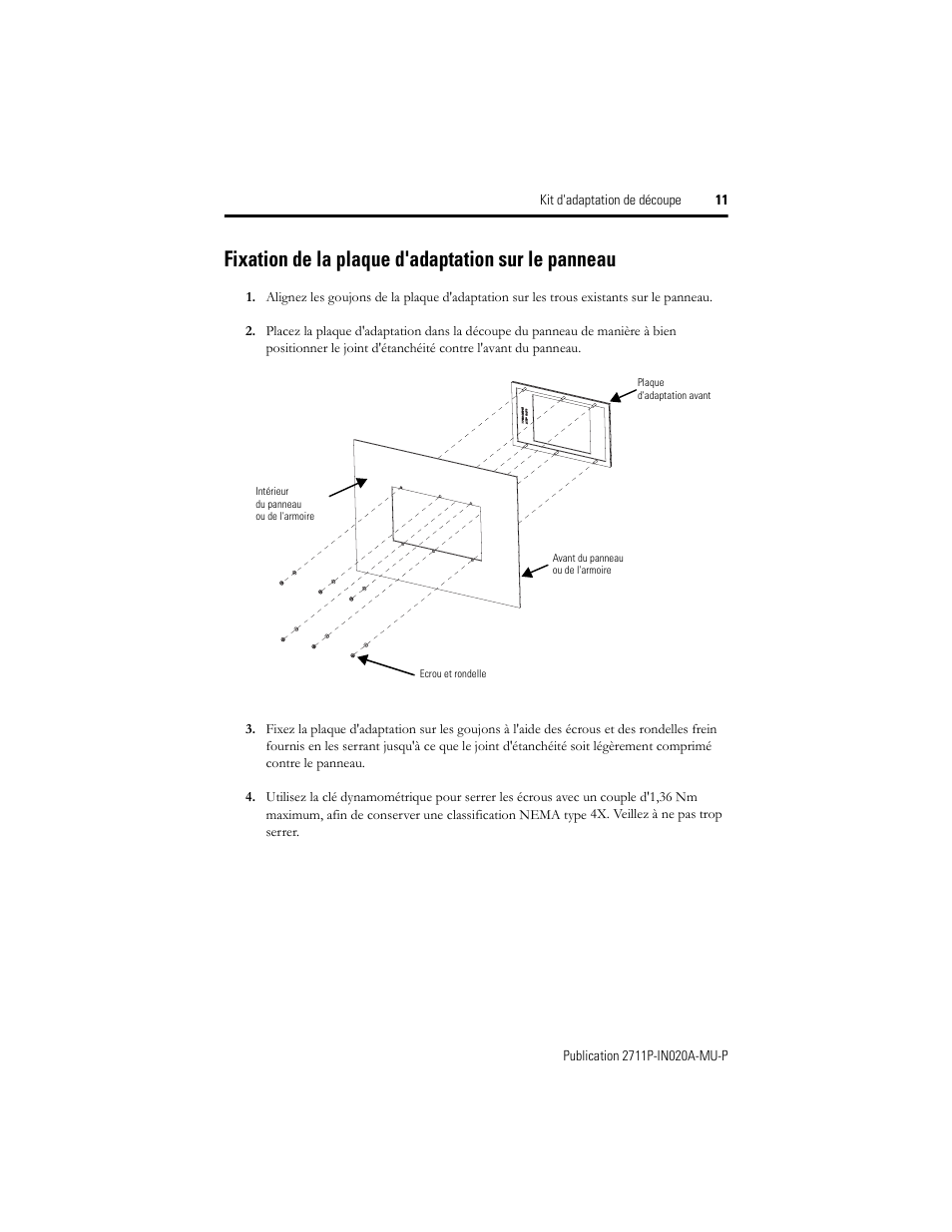 Fixation de la plaque d'adaptation sur le panneau | Rockwell Automation 2711P-RAK4 Cutout Adapter Kit for PVPlus 400 Keypad and 600 TouchTerminals User Manual | Page 11 / 40