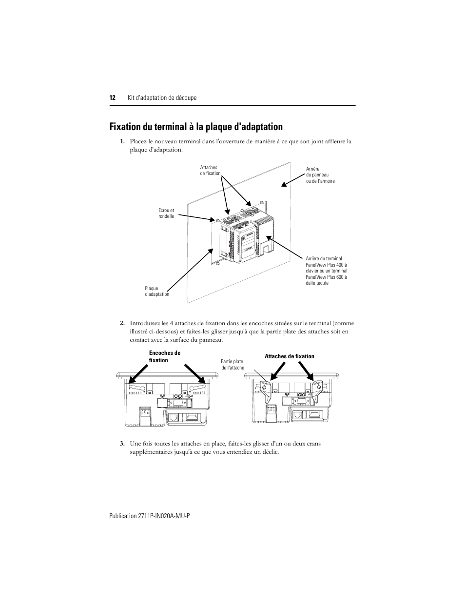 Fixation du terminal à la plaque d'adaptation | Rockwell Automation 2711P-RAK4 Cutout Adapter Kit for PVPlus 400 Keypad and 600 TouchTerminals User Manual | Page 12 / 40
