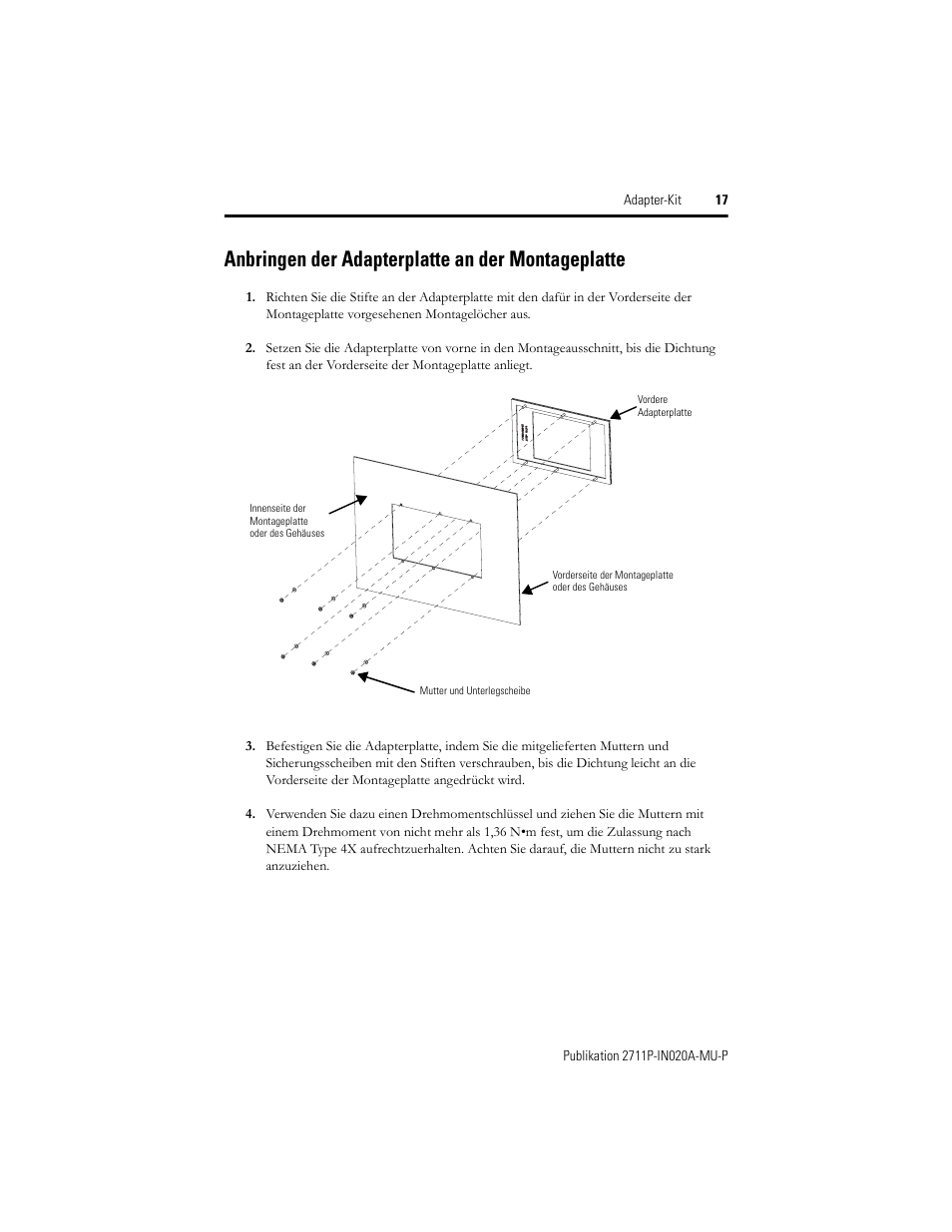 Anbringen der adapterplatte an der montageplatte | Rockwell Automation 2711P-RAK4 Cutout Adapter Kit for PVPlus 400 Keypad and 600 TouchTerminals User Manual | Page 17 / 40