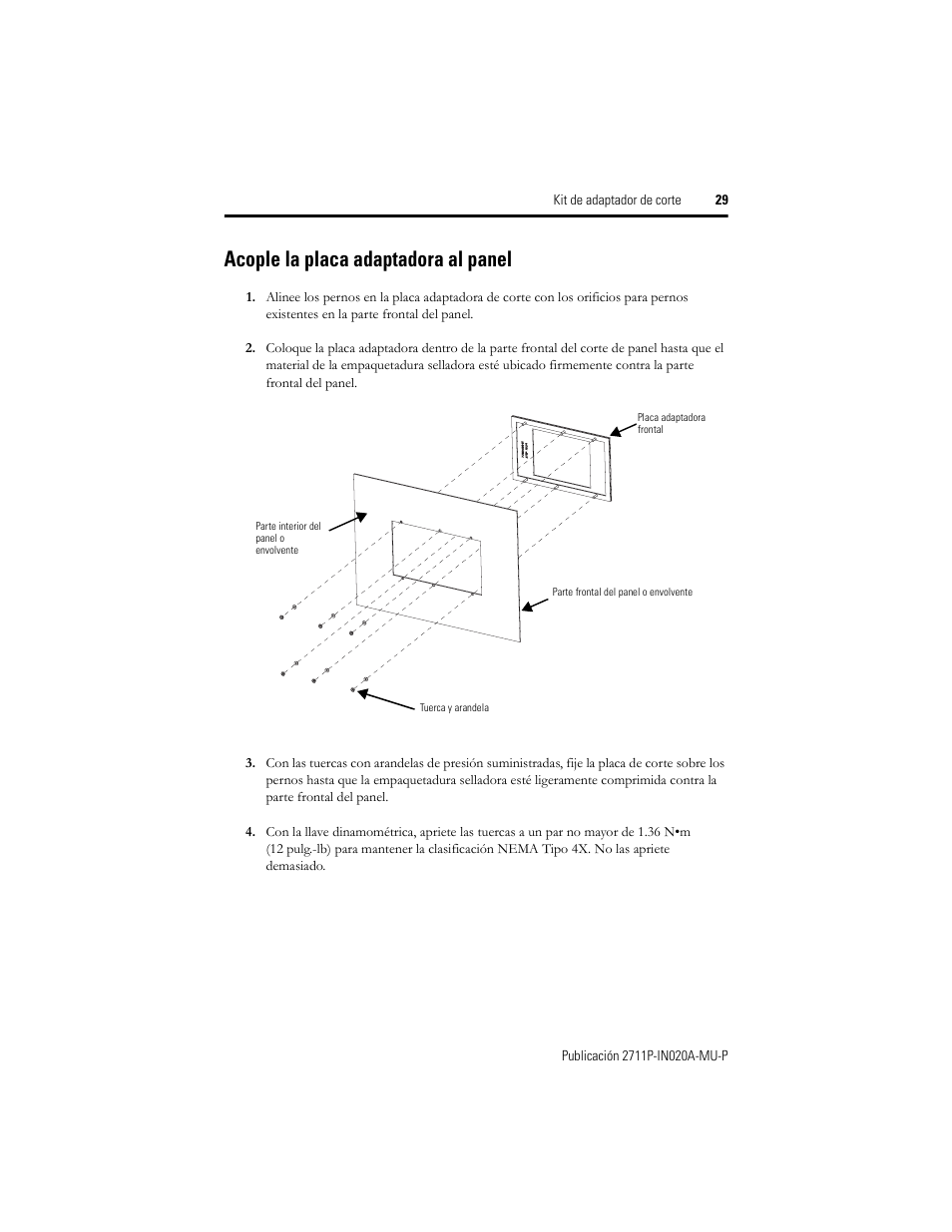 Acople la placa adaptadora al panel | Rockwell Automation 2711P-RAK4 Cutout Adapter Kit for PVPlus 400 Keypad and 600 TouchTerminals User Manual | Page 29 / 40