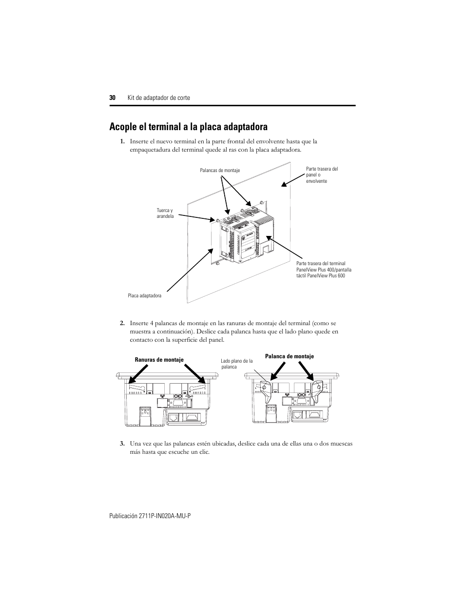 Acople el terminal a la placa adaptadora | Rockwell Automation 2711P-RAK4 Cutout Adapter Kit for PVPlus 400 Keypad and 600 TouchTerminals User Manual | Page 30 / 40