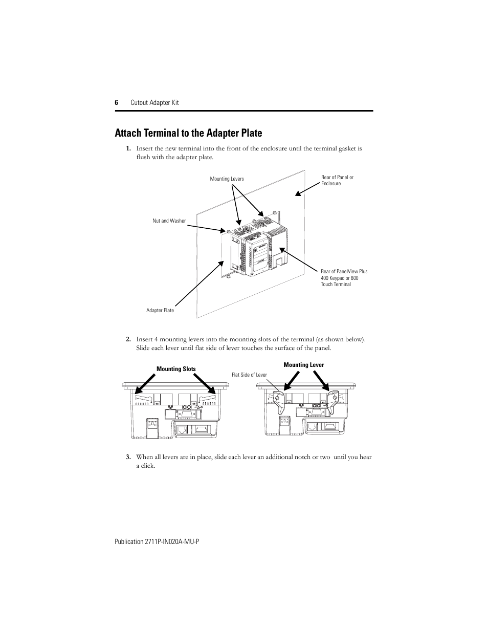 Attach terminal to the adapter plate | Rockwell Automation 2711P-RAK4 Cutout Adapter Kit for PVPlus 400 Keypad and 600 TouchTerminals User Manual | Page 6 / 40