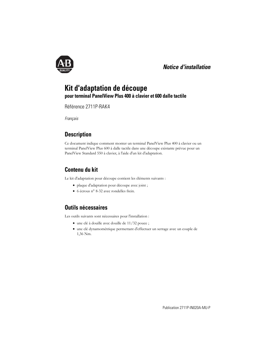 Français, Description, Contenu du kit | Outils nécessaires, Kit d'adaptation de découpe, Notice d'installation | Rockwell Automation 2711P-RAK4 Cutout Adapter Kit for PVPlus 400 Keypad and 600 TouchTerminals User Manual | Page 9 / 40