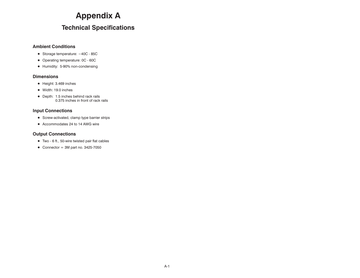 A technical specifications, Appendix a, Technical specifications | Rockwell Automation 61C615 RTD Termination Panel User Manual | Page 15 / 22