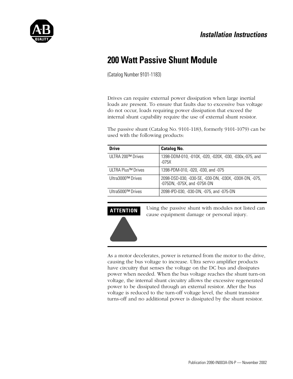 Rockwell Automation 9101-1183, formerly 9101-1079 200 Watt Passive Shunt Module Installation Instructions User Manual | 12 pages