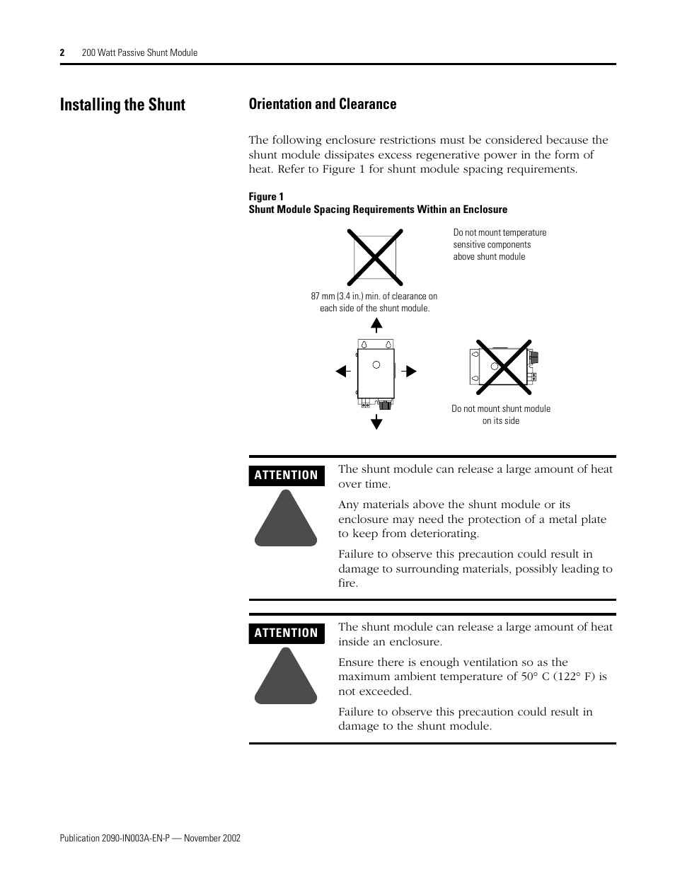 Installing the shunt, Orientation and clearance | Rockwell Automation 9101-1183, formerly 9101-1079 200 Watt Passive Shunt Module Installation Instructions User Manual | Page 2 / 12