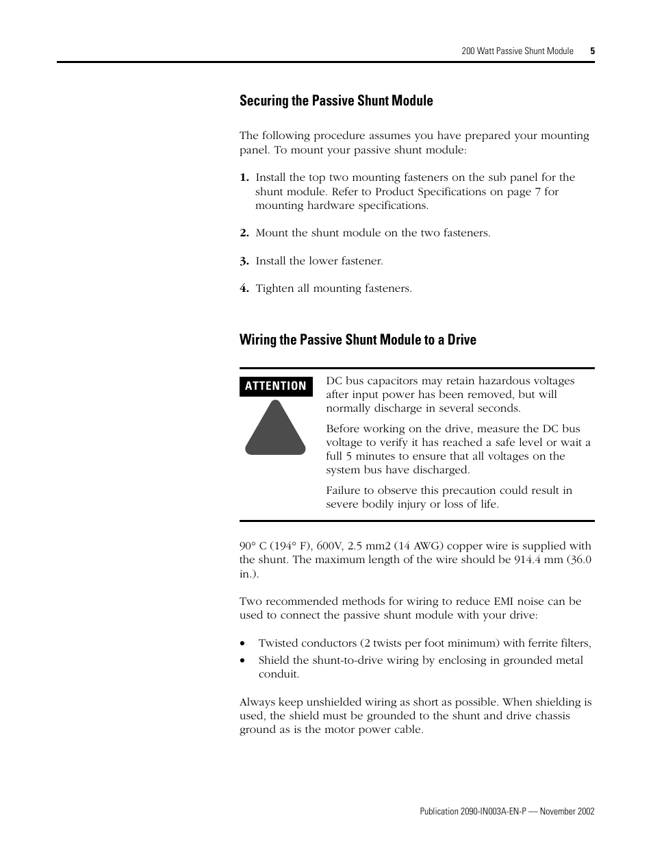 Securing the passive shunt module, Wiring the passive shunt module to a drive | Rockwell Automation 9101-1183, formerly 9101-1079 200 Watt Passive Shunt Module Installation Instructions User Manual | Page 5 / 12