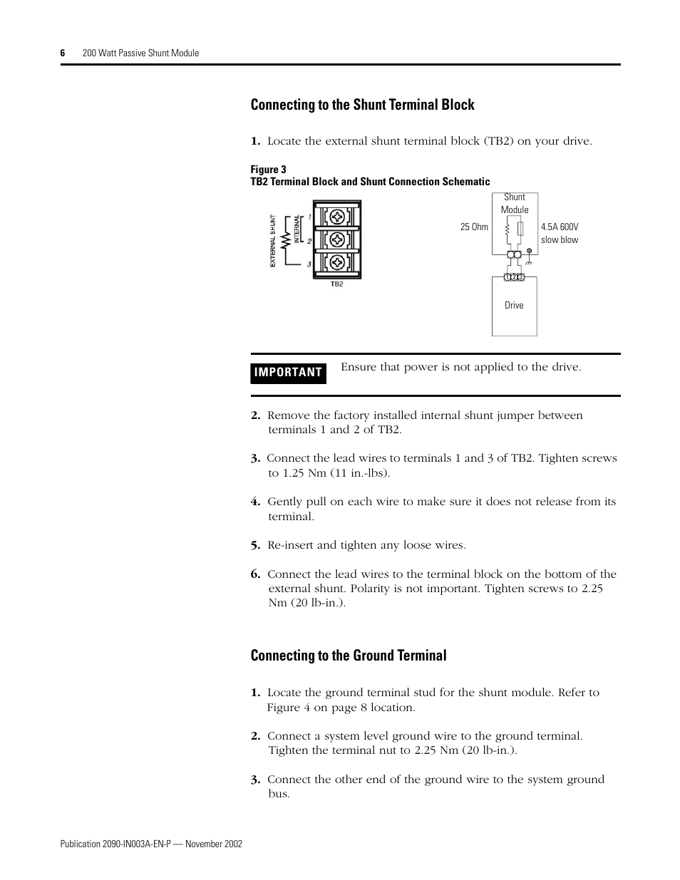 Connecting to the shunt terminal block, Connecting to the ground terminal | Rockwell Automation 9101-1183, formerly 9101-1079 200 Watt Passive Shunt Module Installation Instructions User Manual | Page 6 / 12