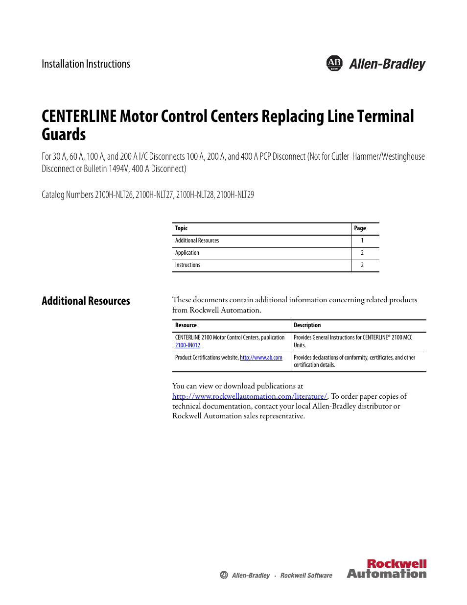 Rockwell Automation 2100 Replacing Line Terminal Guards User Manual | 2 pages