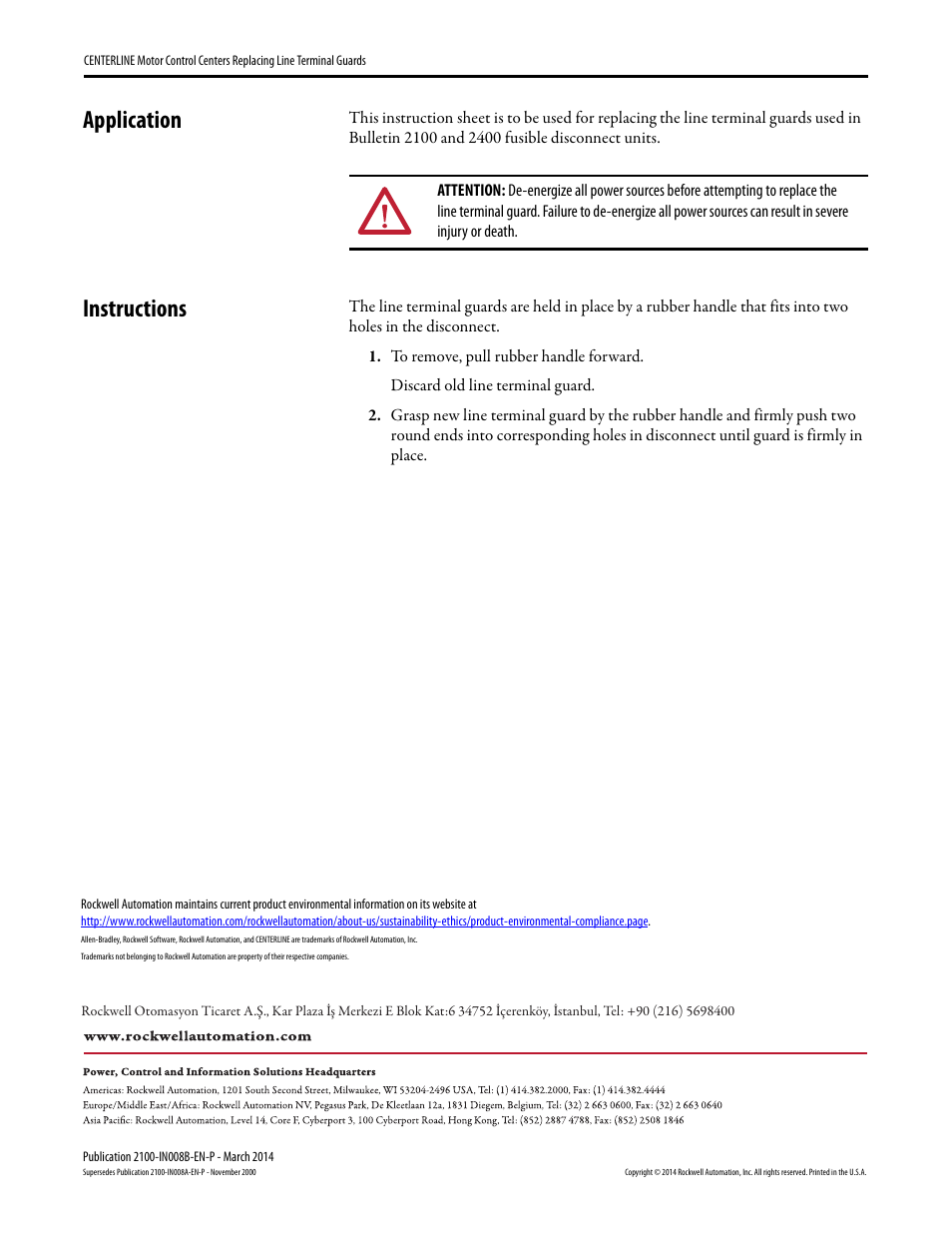 Application, Instructions, Back cover | Rockwell Automation 2100 Replacing Line Terminal Guards User Manual | Page 2 / 2