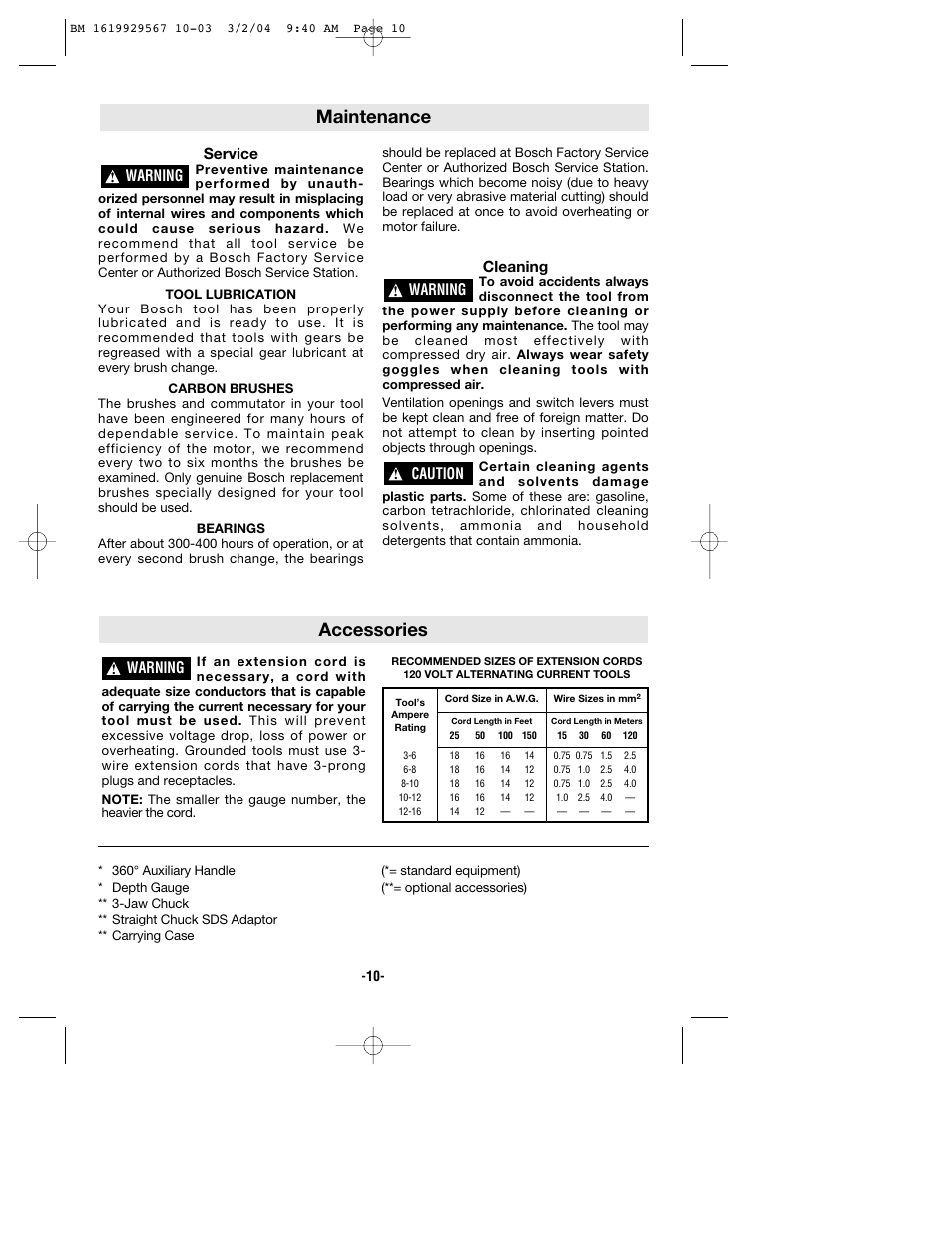 Maintenance accessories, Service, Cleaning | Warning, Caution | Bosch 11250VSR User Manual | Page 10 / 32