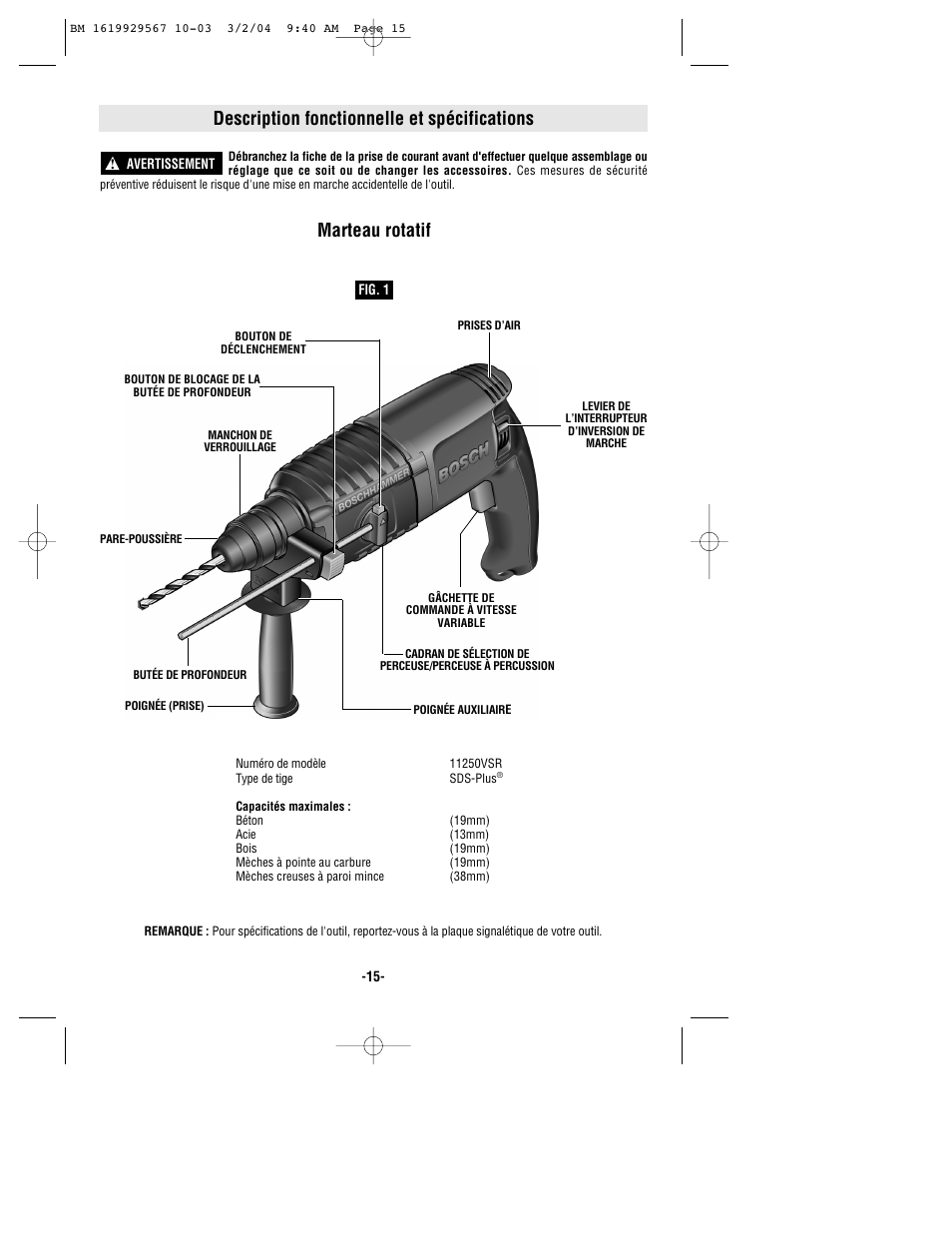 Description fonctionnelle et spécifications, Marteau rotatif | Bosch 11250VSR User Manual | Page 15 / 32