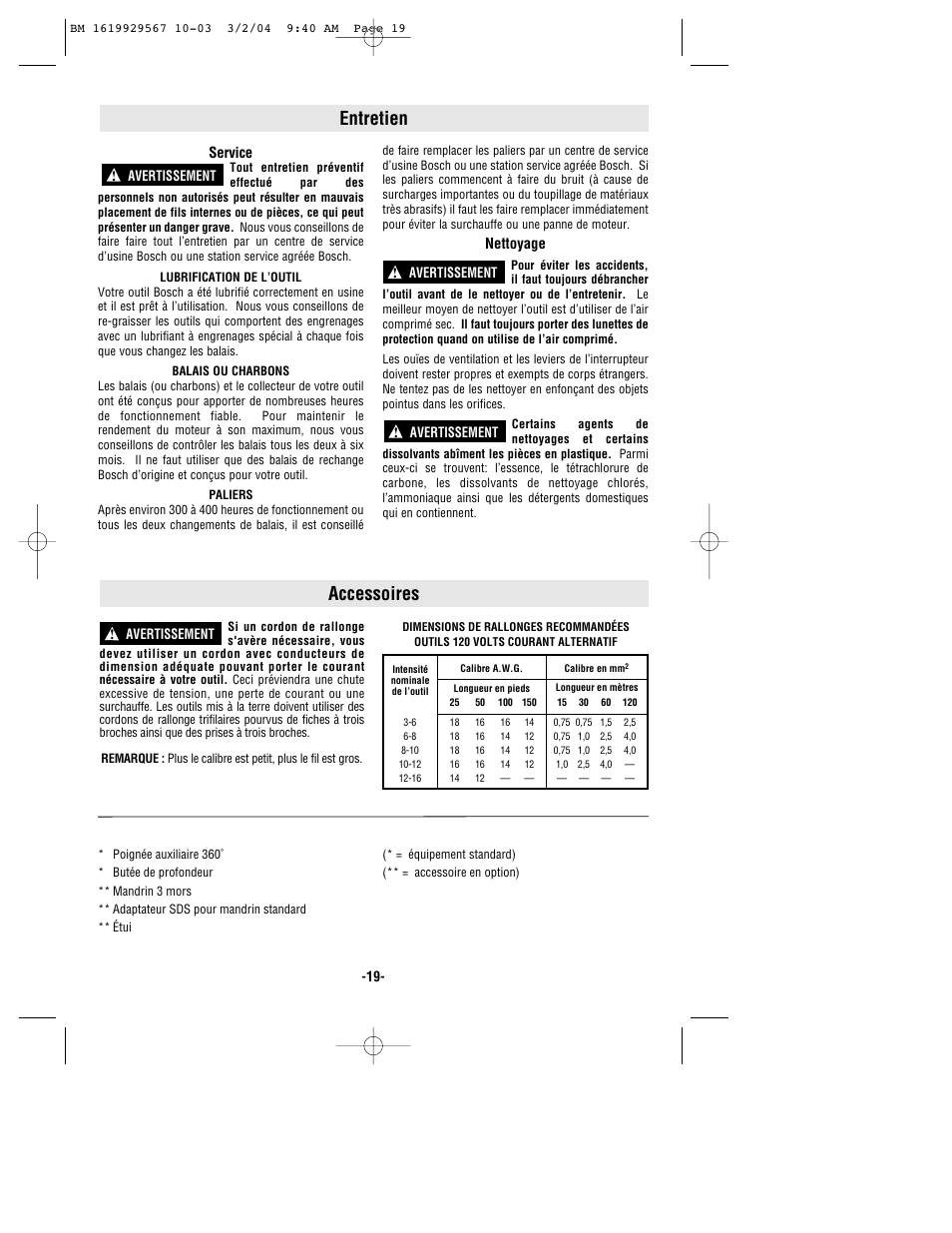 Entretien, Accessoires | Bosch 11250VSR User Manual | Page 19 / 32