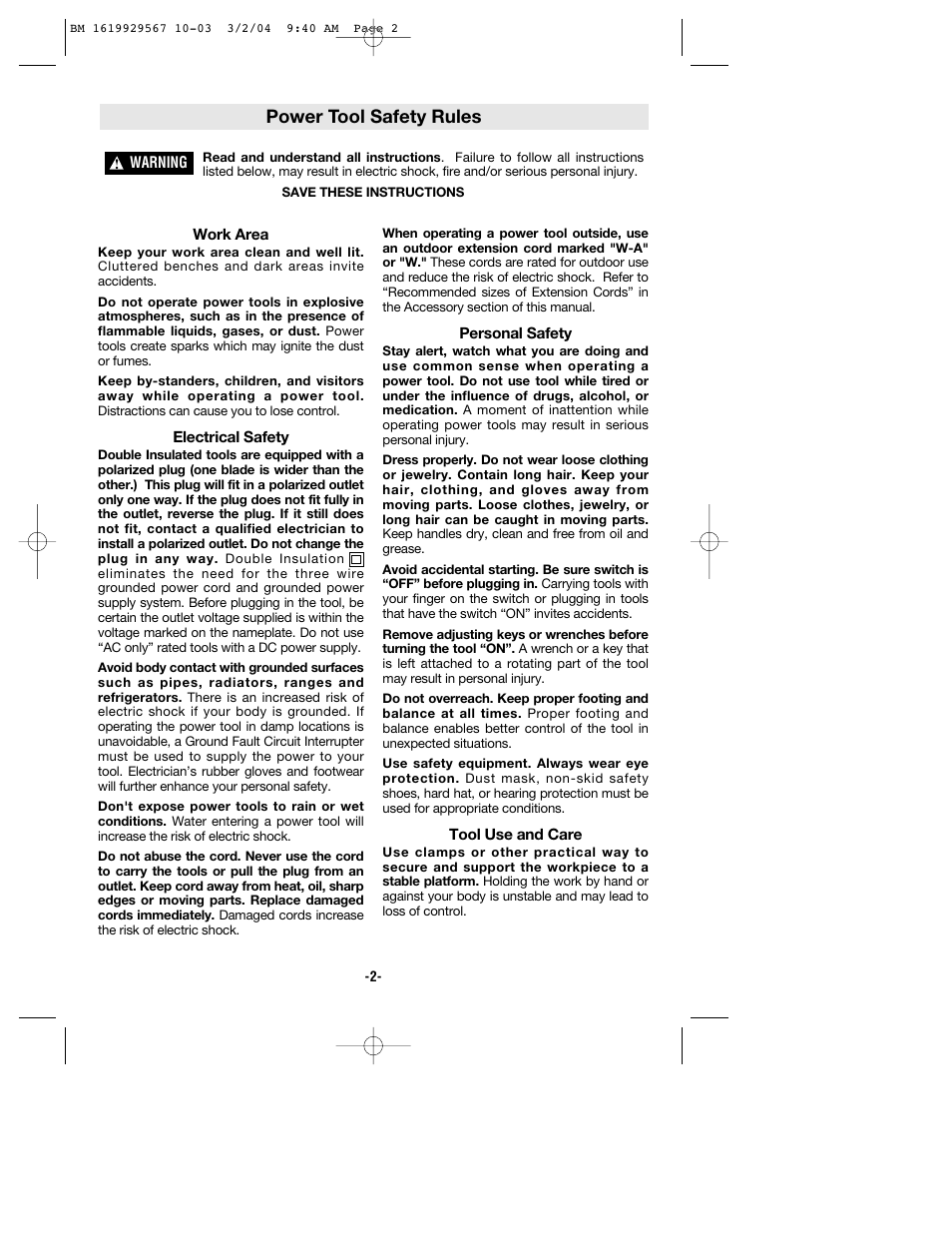 Power tool safety rules | Bosch 11250VSR User Manual | Page 2 / 32