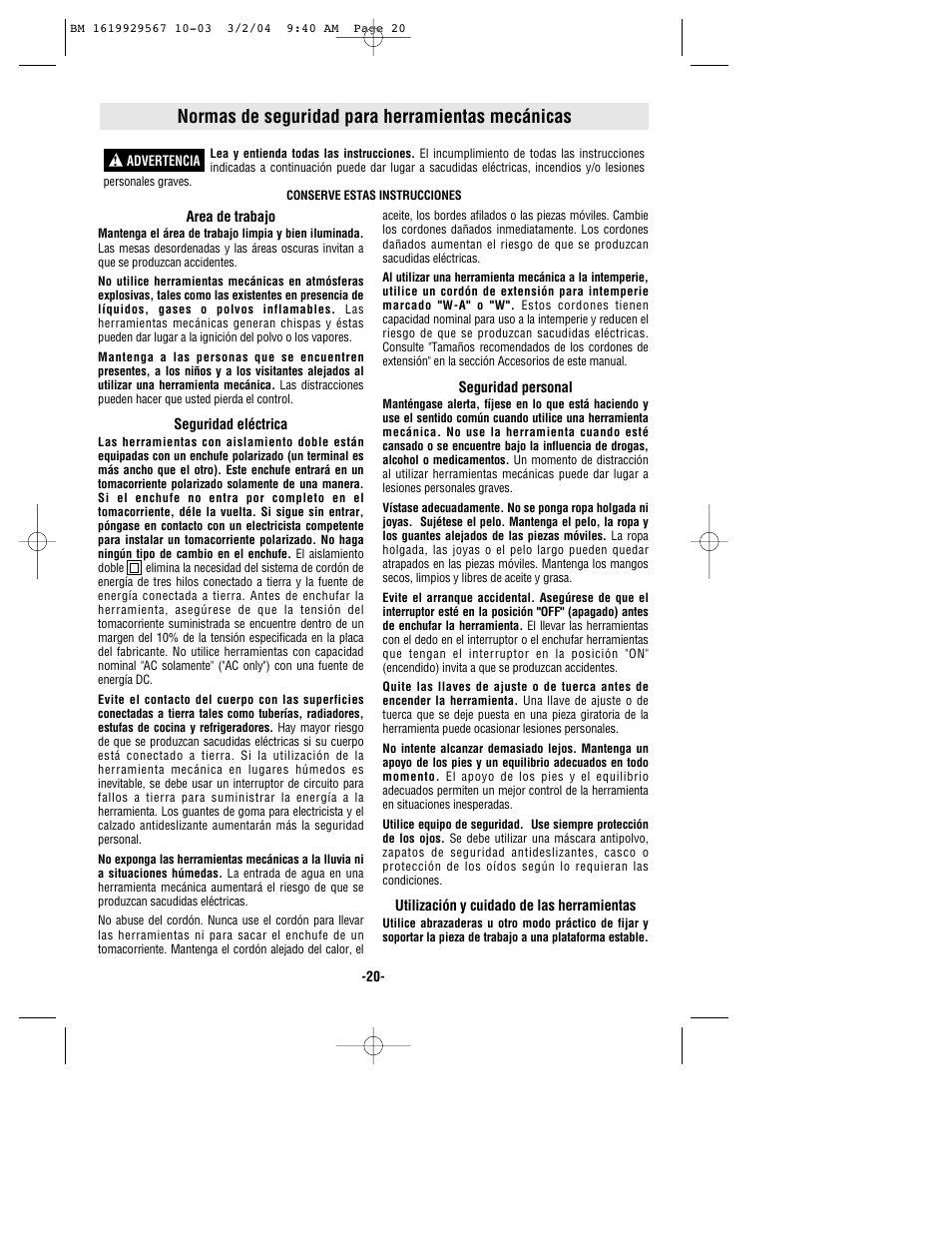 Normas de seguridad para herramientas mecánicas | Bosch 11250VSR User Manual | Page 20 / 32