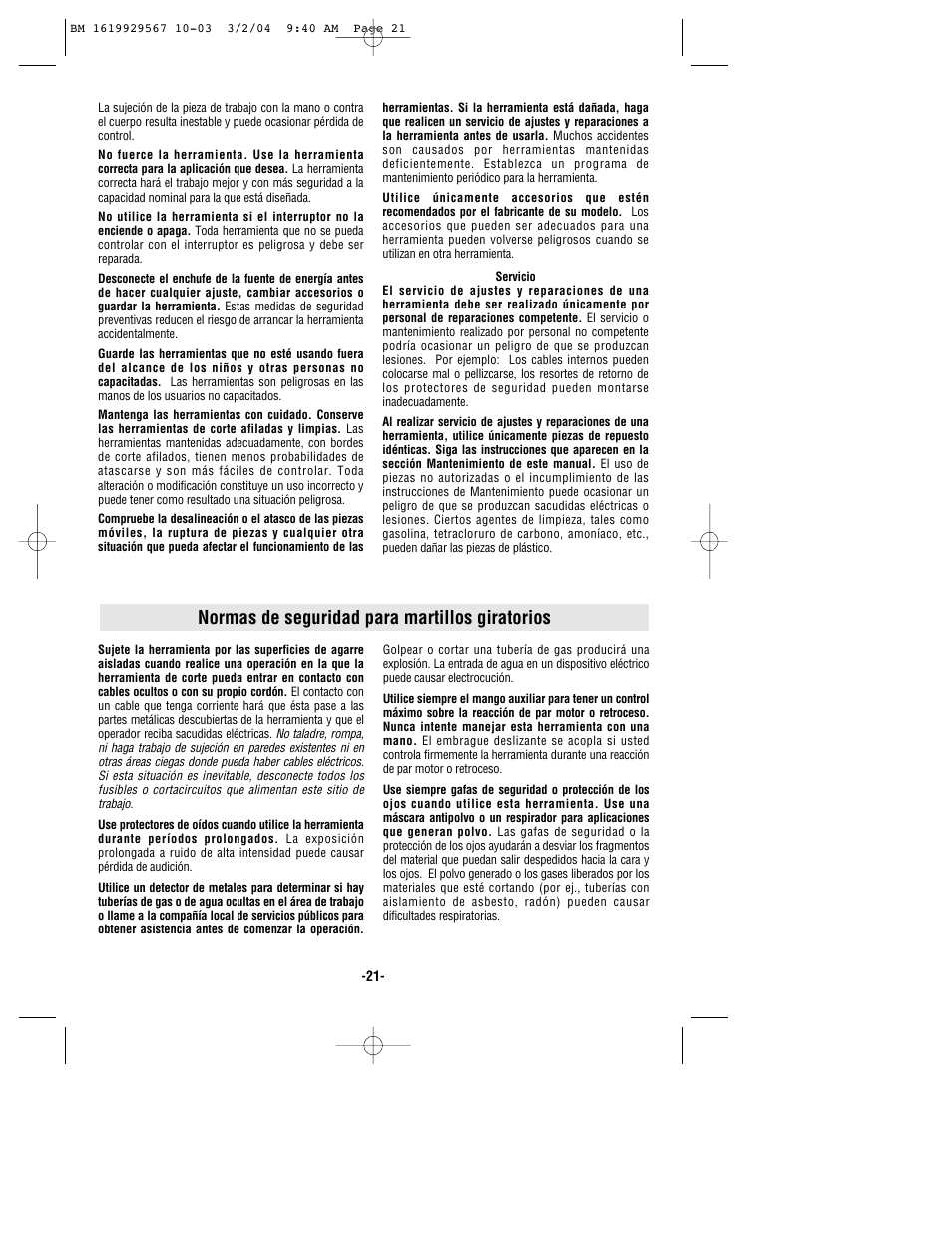 Normas de seguridad para martillos giratorios | Bosch 11250VSR User Manual | Page 21 / 32