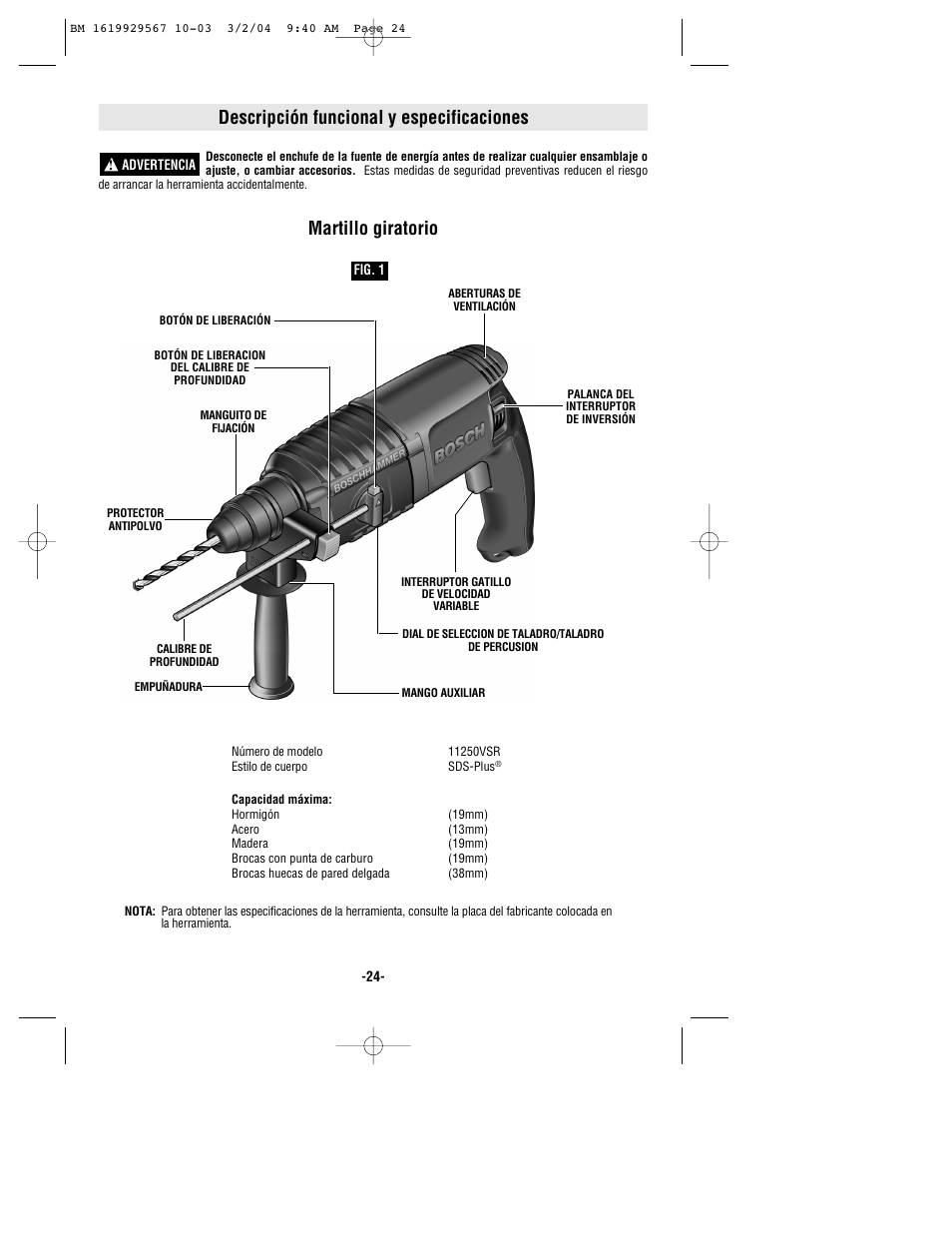 Descripción funcional y especificaciones, Martillo giratorio | Bosch 11250VSR User Manual | Page 24 / 32