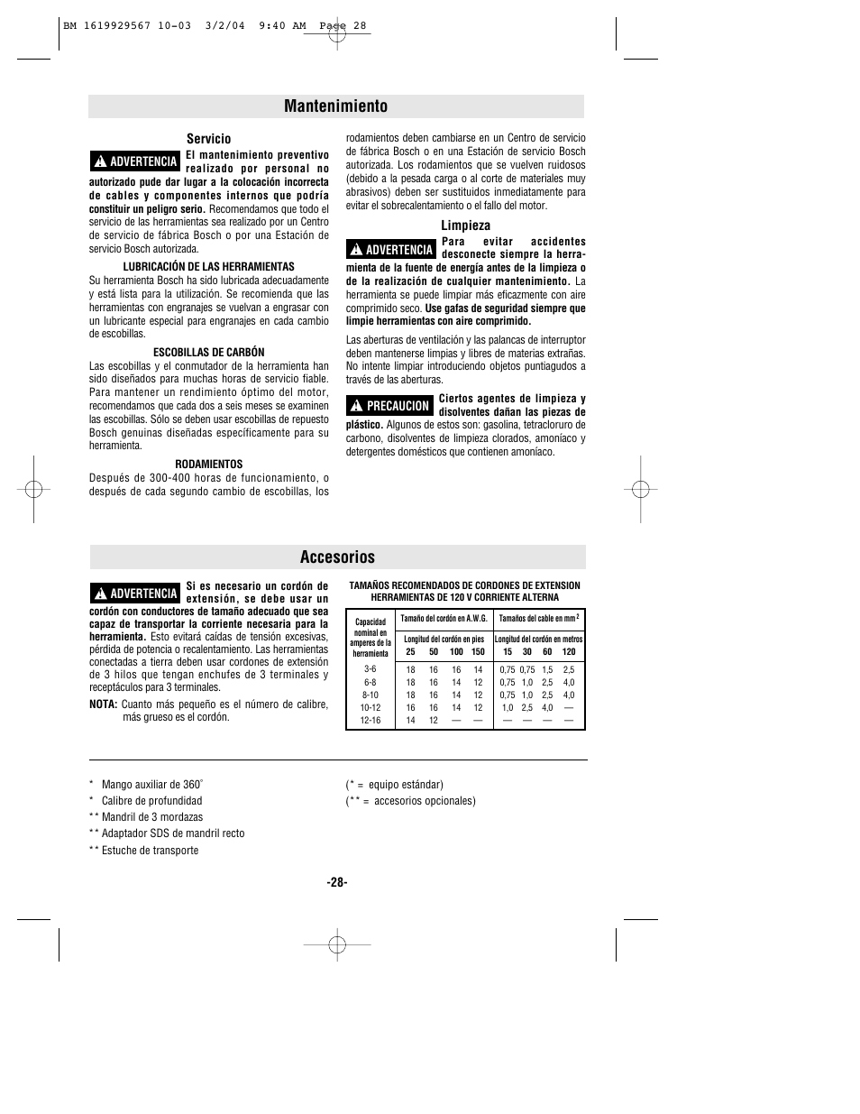 Mantenimiento, Accesorios | Bosch 11250VSR User Manual | Page 28 / 32