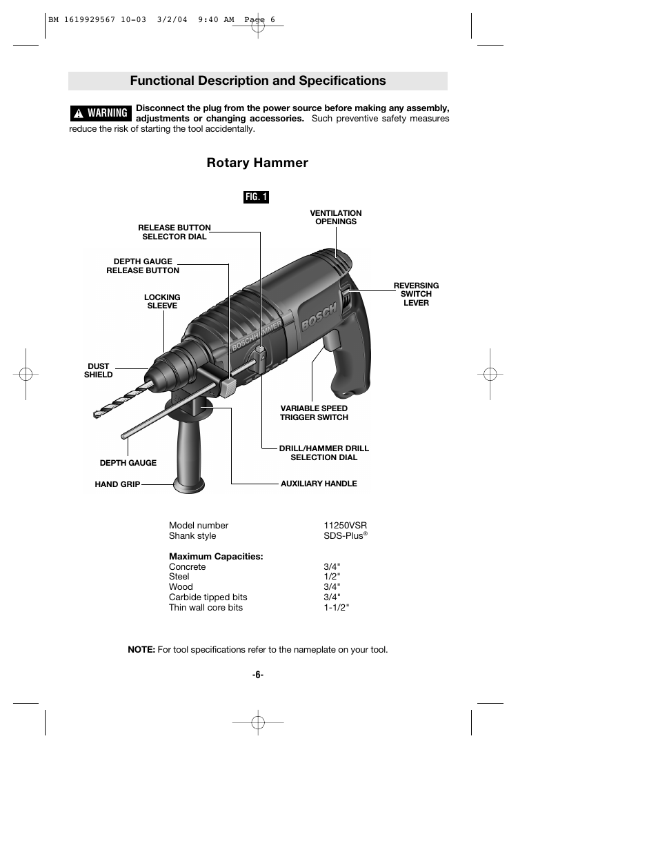 Functional description and specifications, Rotary hammer | Bosch 11250VSR User Manual | Page 6 / 32