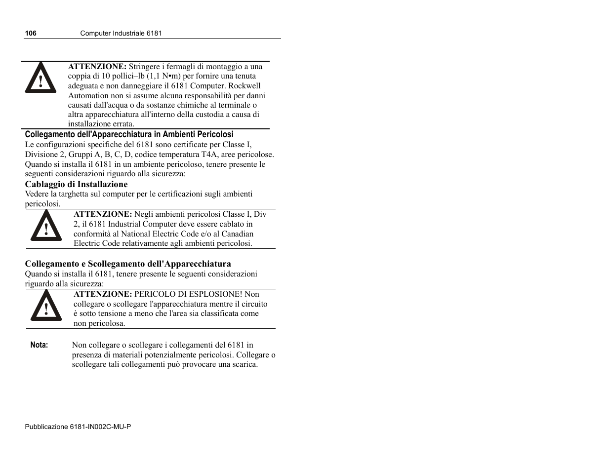 Cablaggio di installazione, Collegamento e scollegamento dell'apparecchiatura | Rockwell Automation 6181 Installation Instructions User Manual | Page 106 / 134