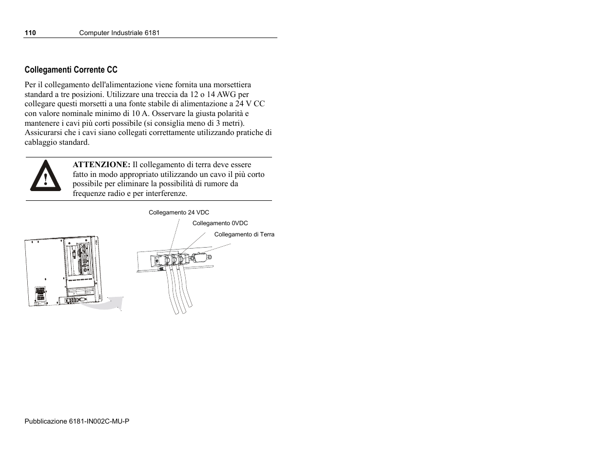 Collegamenti corrente cc | Rockwell Automation 6181 Installation Instructions User Manual | Page 110 / 134