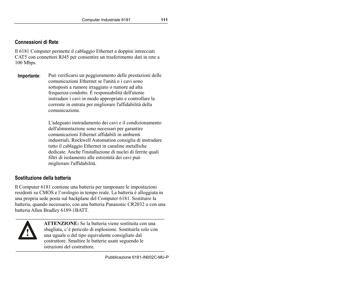 Connessioni di rete, Sostituzione della batteria | Rockwell Automation 6181 Installation Instructions User Manual | Page 111 / 134