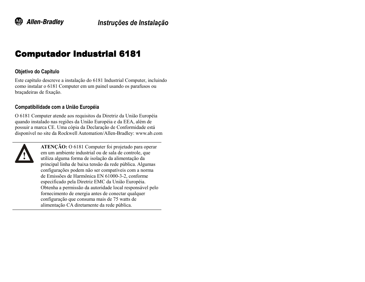 Portuguese, Objetivo do capítulo, Compatibilidade com a união européia | Computador industrial 6181 | Rockwell Automation 6181 Installation Instructions User Manual | Page 112 / 134